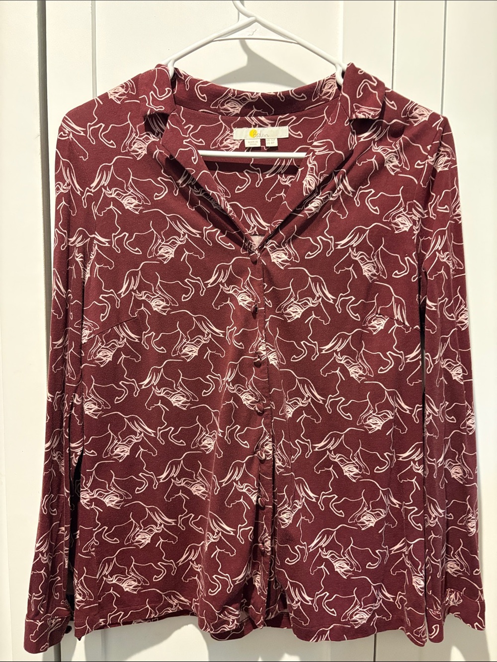 Boden Button-Down Top with White Horse Print 8P
